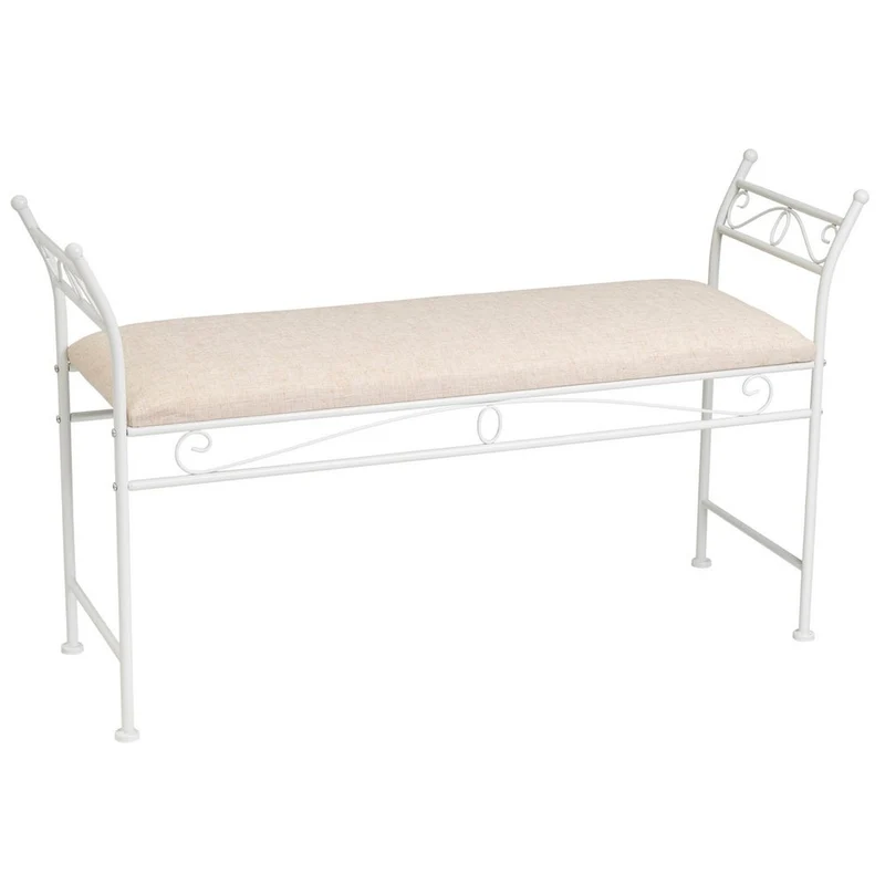 Banqueta grande de dormitorio de metal blanco y lino color beige de 115 cm