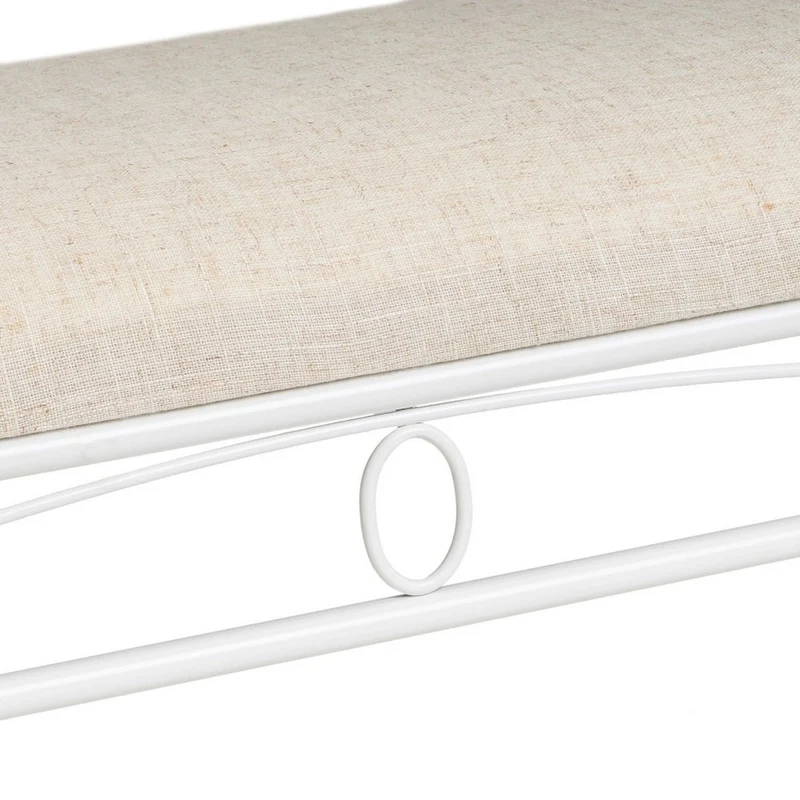 Banqueta grande de dormitorio de metal blanco y lino color beige de 115 cm