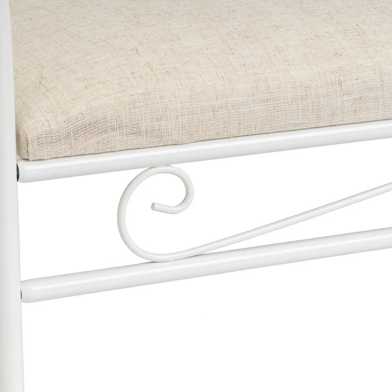 Banqueta grande de dormitorio de metal blanco y lino color beige de 115 cm