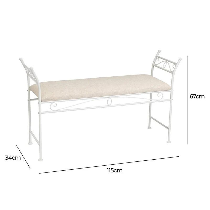 Banqueta grande de dormitorio de metal blanco y lino color beige de 115 cm