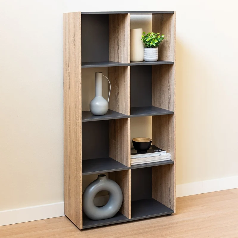 Estantería Cubo con 8 huecos de laminado gris y roble de 120x60x30 cm