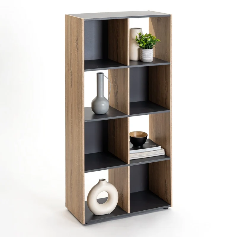 Estantería Cubo con 8 huecos de laminado gris y roble de 120x60x30 cm