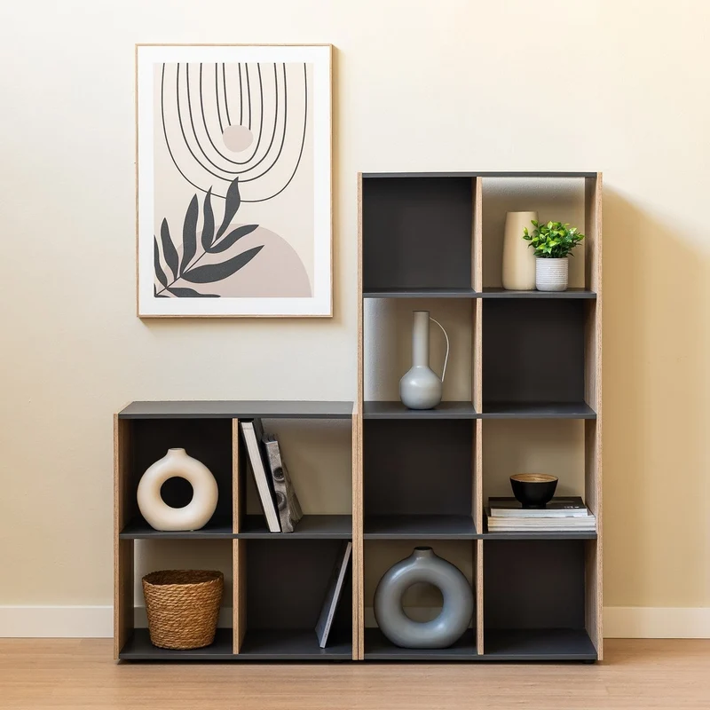 Estantería Cubo con 8 huecos de laminado gris y roble de 120x60x30 cm