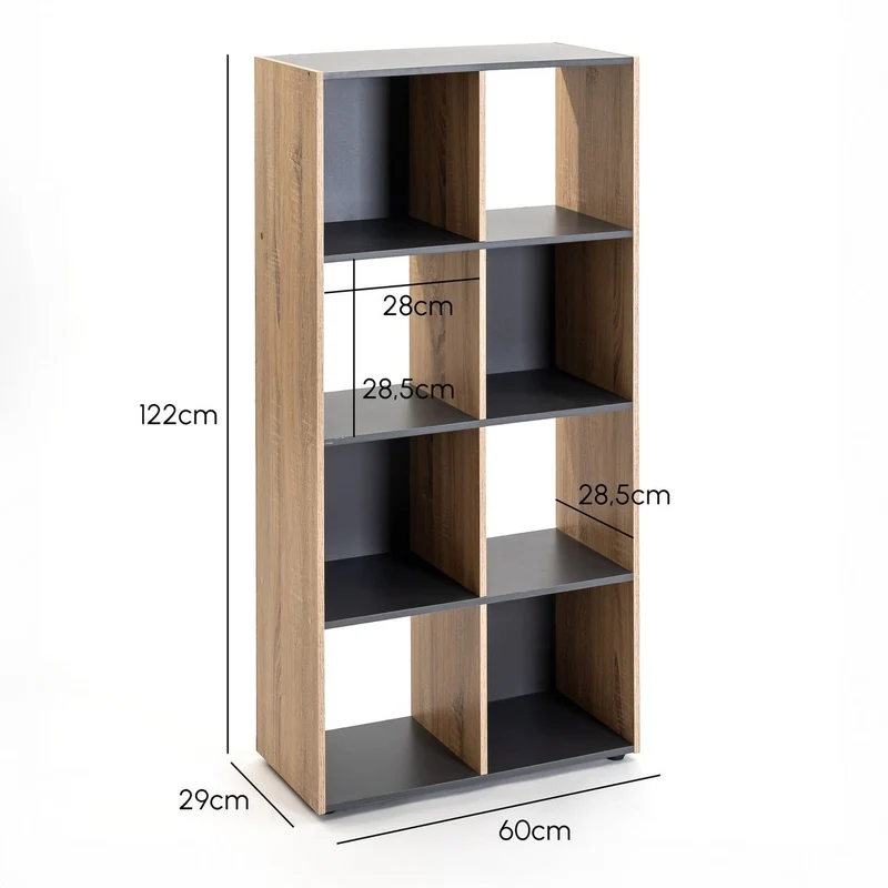 Estantería Cubo con 8 huecos de laminado gris y roble de 120x60x30 cm