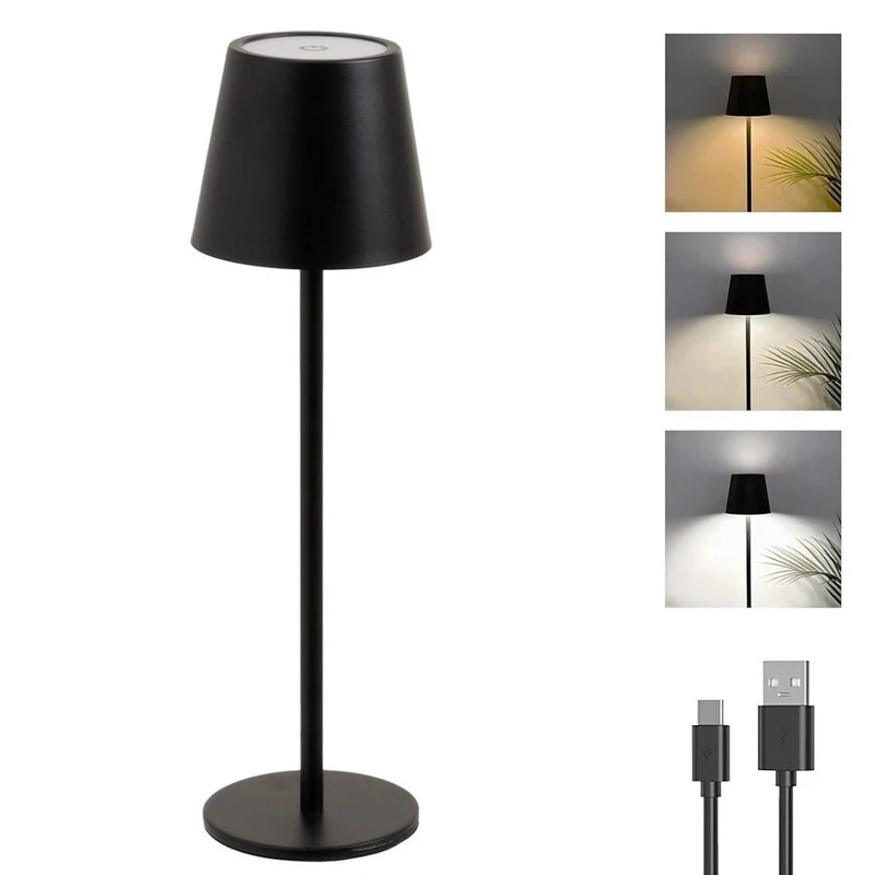 Lámpara LED regulable y recargable de metal negro de 3W de 11x11x37 cm
