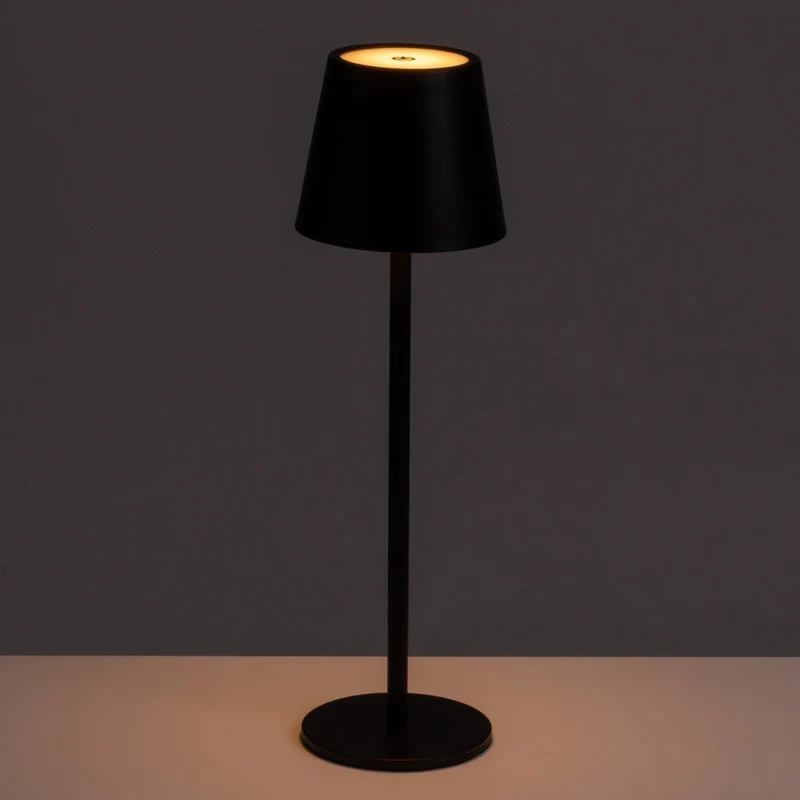 Lámpara LED regulable y recargable de metal negro de 3W de 11x11x37 cm