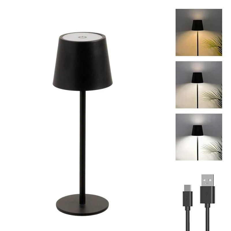 Lámpara LED regulable y recargable de metal negro de 3W de 9x9x27 cm