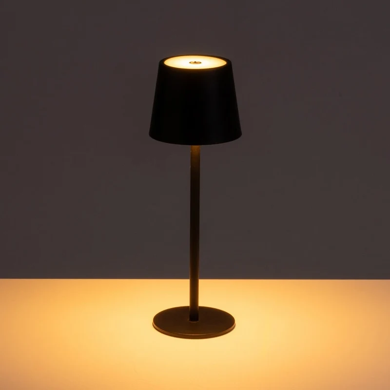 Lámpara LED regulable y recargable de metal negro de 3W de 9x9x27 cm