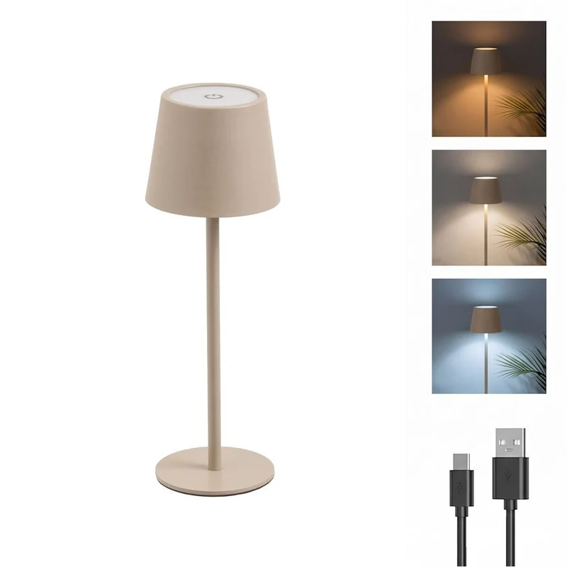 Lámpara LED regulable y recargable de metal beige de 3W de 9x9x27 cm
