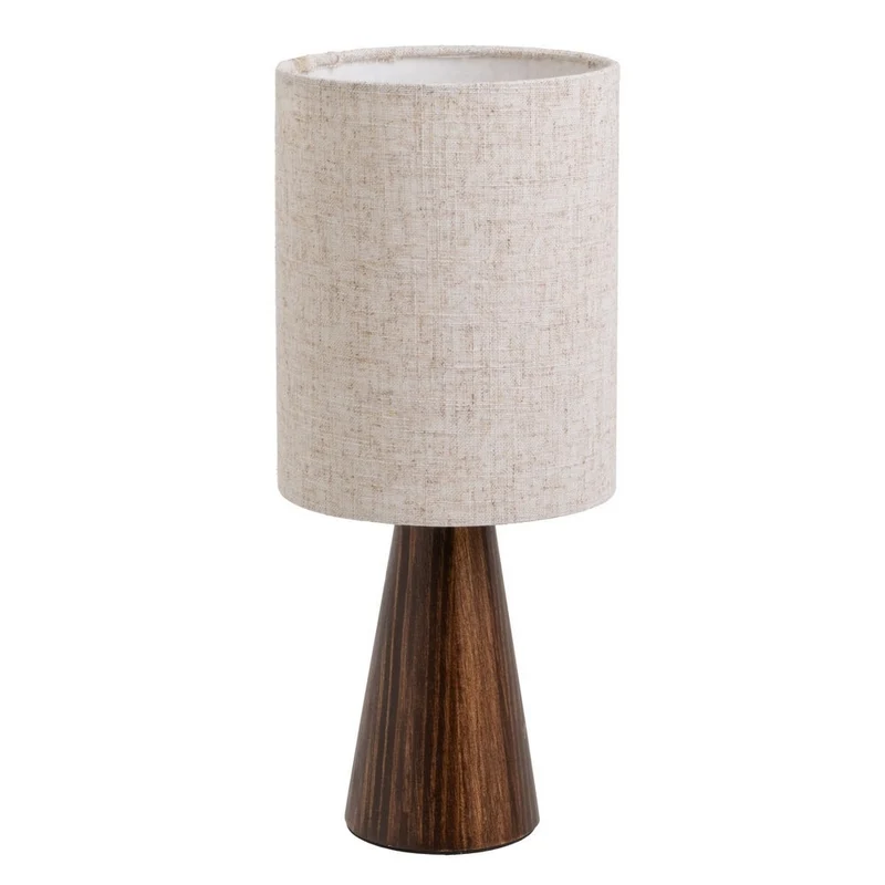 Lámpara de mesa con base de pino oscuro y pantalla de lino de color crudo