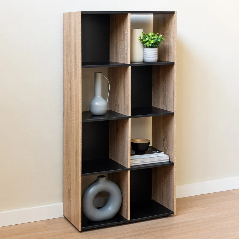 Estantería cubo de madera MDF laminada negra y natural de 120x60x29 cm