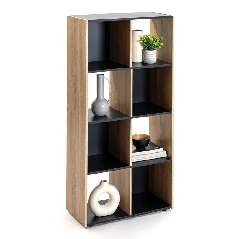 Estantería cubo de madera MDF laminada negra y natural de 120x60x29 cm