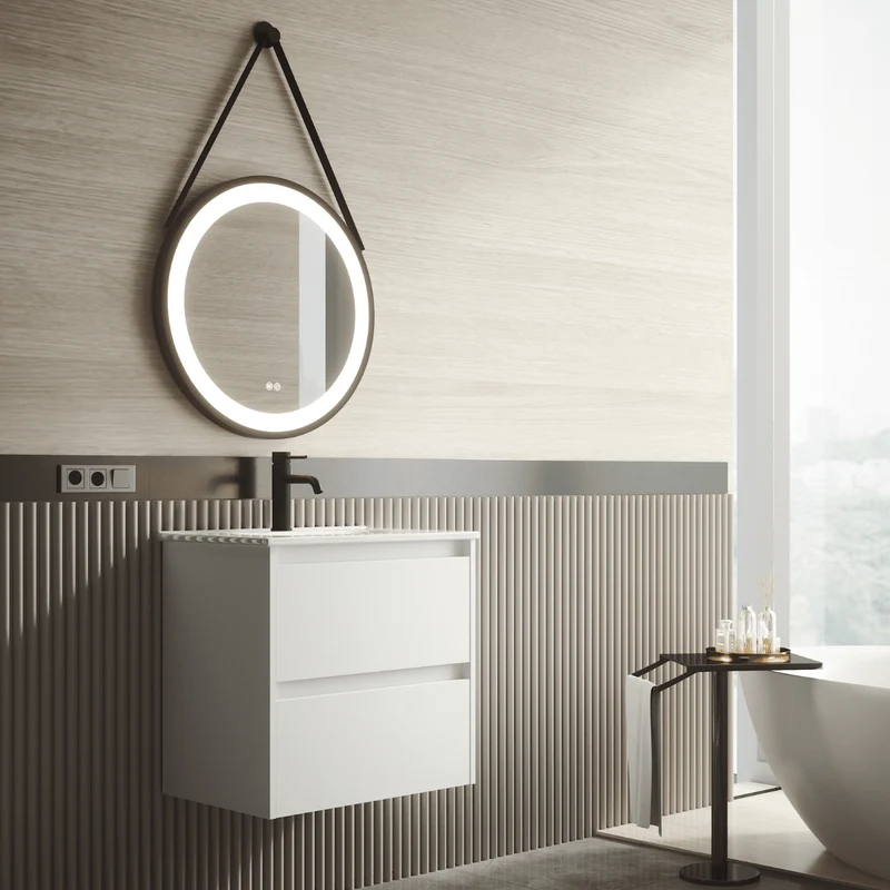 Mueble de Baño Suspendido Fondo Reducido con Lavabo Cerámico modelo Veloz| Mueble Volado 2 Cajones | Blanco Mate