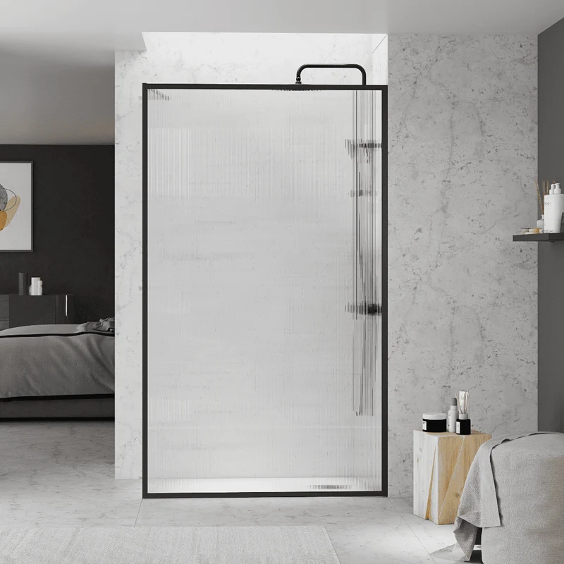 Mampara Ducha Fija Acanalado | Panel Fijo Ducha Vidrio Acanalado 8mm Antical y 195cm de Altura| Mampara Walk In Enmarcada Perfil Negro
