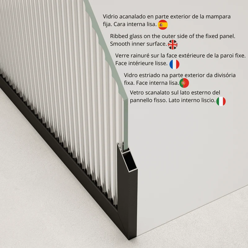Mampara Ducha Fija Acanalado | Panel Fijo Ducha Vidrio Acanalado 8mm Antical y 195cm de Altura| Mampara Walk In Enmarcada Perfil Negro
