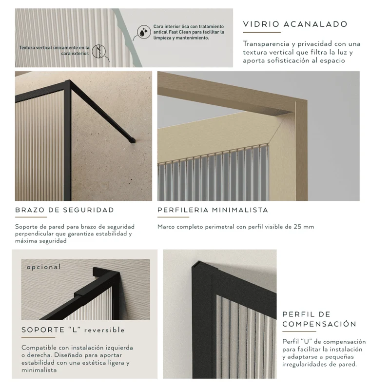 Mampara Ducha Fija Acanalado | Panel Fijo Ducha Vidrio Acanalado 8mm Antical y 195cm de Altura| Mampara Walk In Enmarcada Perfil Negro
