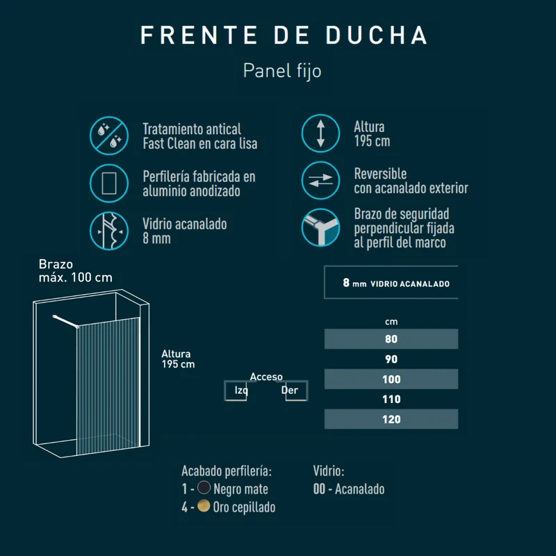 Mampara Ducha Fija Acanalado | Panel Fijo Ducha Vidrio Acanalado 8mm Antical y 195cm de Altura| Mampara Walk In Enmarcada Perfil Negro