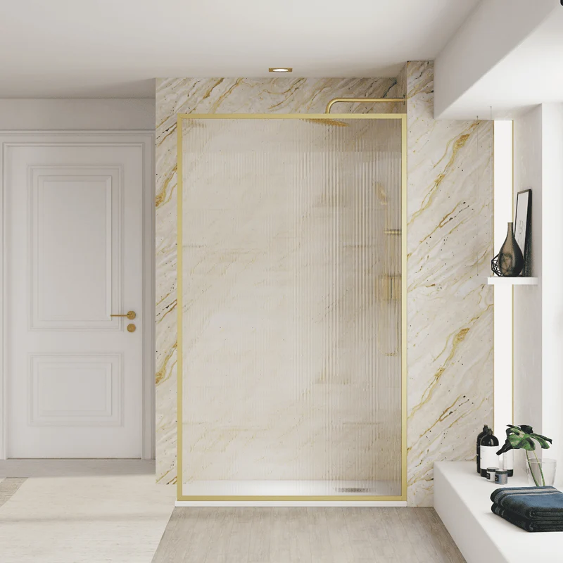 Mampara Ducha Fija Acanalado | Panel Fijo Ducha Vidrio Acanalado 8mm Antical y 195cm de Altura| Mampara Walk In Enmarcada Perfil Oro