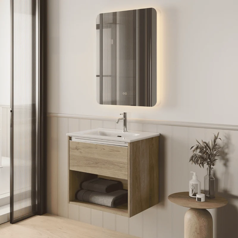Mueble de Baño Suspendido con Lavabo Cerámico modelo Veloz| Mueble Volado 1 Cajón y 1 Hueco con Tirador | Roble Natural