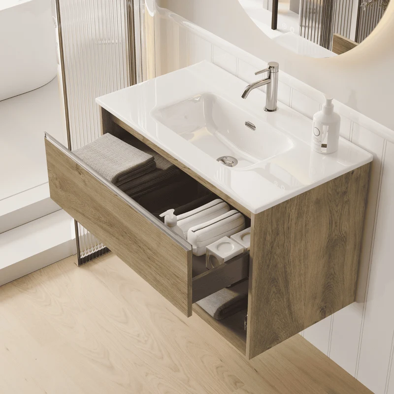 Mueble de Baño Suspendido con Lavabo Cerámico modelo Veloz| Mueble Volado 1 Cajón y 1 Hueco con Tirador | Roble Natural