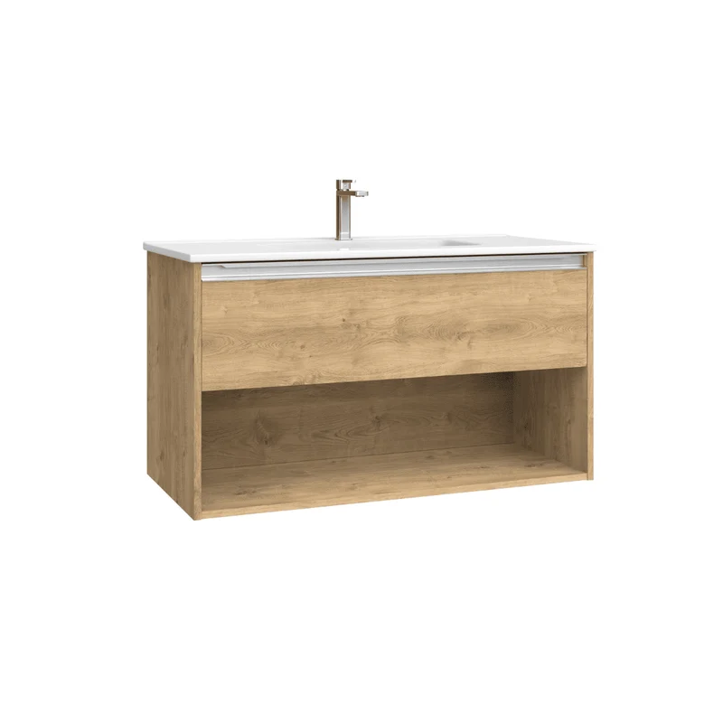 Mueble de Baño Suspendido con Lavabo Cerámico modelo Veloz| Mueble Volado 1 Cajón y 1 Hueco con Tirador | Roble Natural