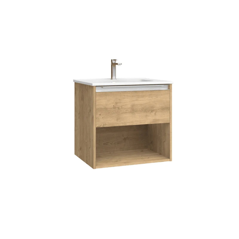 Mueble de Baño Suspendido con Lavabo Cerámico modelo Veloz| Mueble Volado 1 Cajón y 1 Hueco con Tirador | Roble Natural