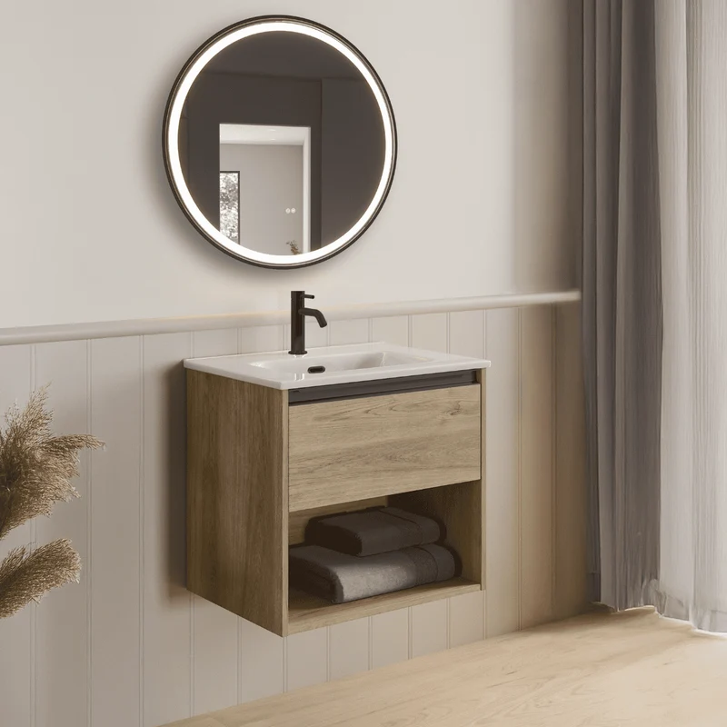 Mueble de Baño Suspendido con Lavabo Cerámico modelo Veloz| Mueble Volado 1 Cajón y 1 Hueco con Tirador | Roble Natural
