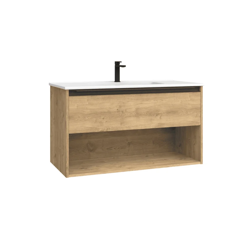 Mueble de Baño Suspendido con Lavabo Cerámico modelo Veloz| Mueble Volado 1 Cajón y 1 Hueco con Tirador | Roble Natural