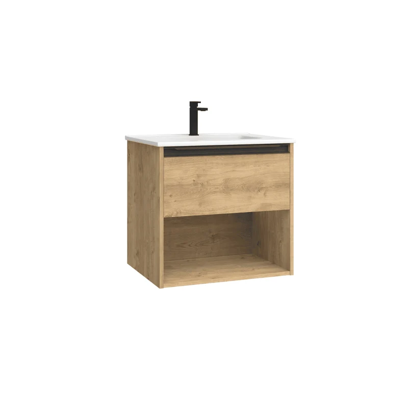 Mueble de Baño Suspendido con Lavabo Cerámico modelo Veloz| Mueble Volado 1 Cajón y 1 Hueco con Tirador | Roble Natural