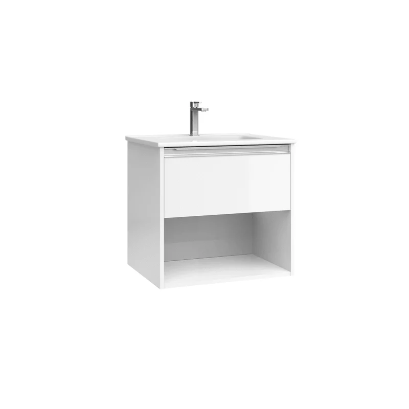 Mueble de Baño Suspendido con Lavabo Cerámico modelo Veloz| Mueble Volado 1 Cajón y 1 Hueco con Tirador | Blanco Brillo