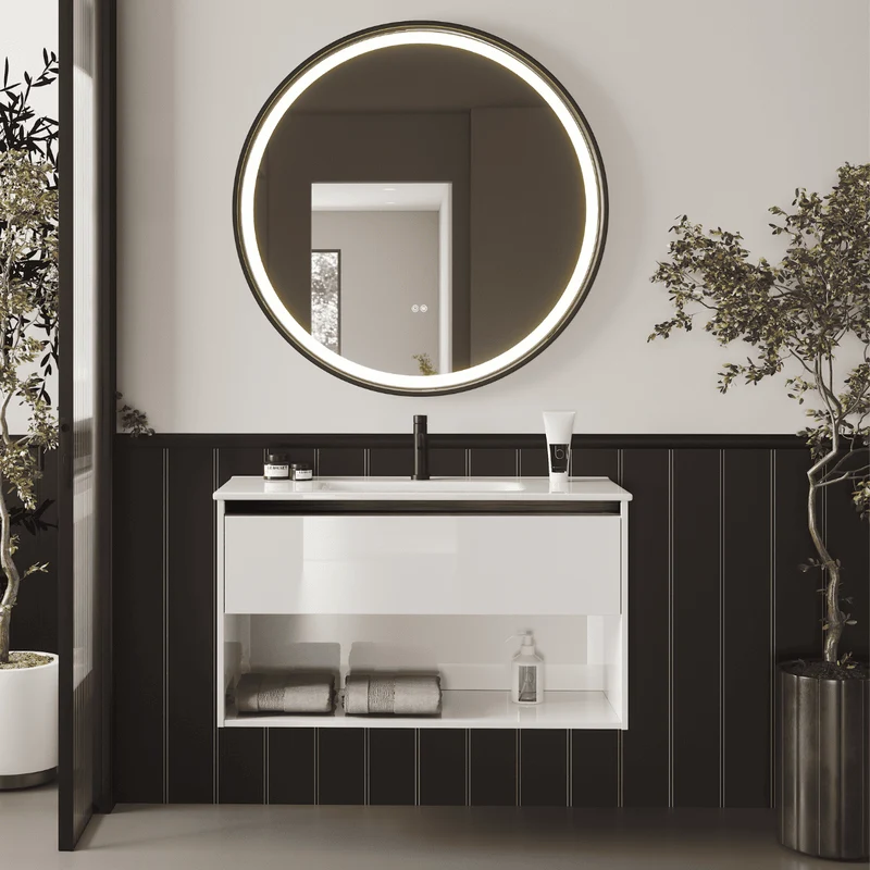 Mueble de Baño Suspendido con Lavabo Cerámico modelo Veloz| Mueble Volado 1 Cajón y 1 Hueco con Tirador | Blanco Brillo