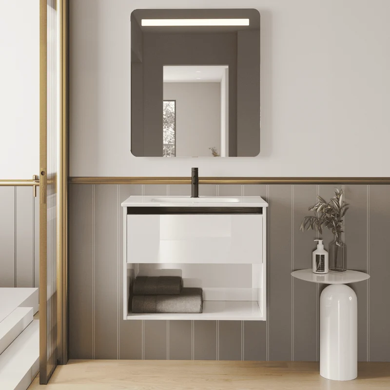 Mueble de Baño Suspendido con Lavabo Cerámico modelo Veloz| Mueble Volado 1 Cajón y 1 Hueco con Tirador | Blanco Brillo