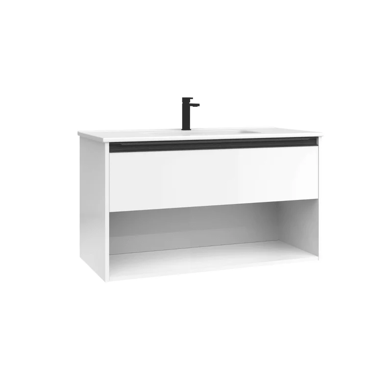 Mueble de Baño Suspendido con Lavabo Cerámico modelo Veloz| Mueble Volado 1 Cajón y 1 Hueco con Tirador | Blanco Brillo