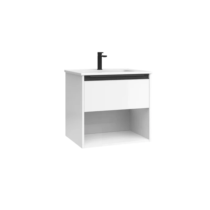 Mueble de Baño Suspendido con Lavabo Cerámico modelo Veloz| Mueble Volado 1 Cajón y 1 Hueco con Tirador | Blanco Brillo