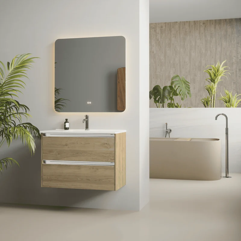Mueble de Baño Suspendido con Lavabo Cerámico modelo Veloz| Mueble Volado 2 Cajones Con Tirador | Roble Natural