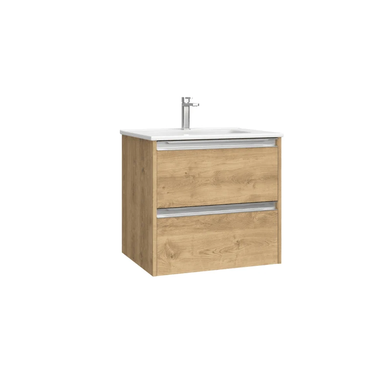Mueble de Baño Suspendido con Lavabo Cerámico modelo Veloz| Mueble Volado 2 Cajones Con Tirador | Roble Natural