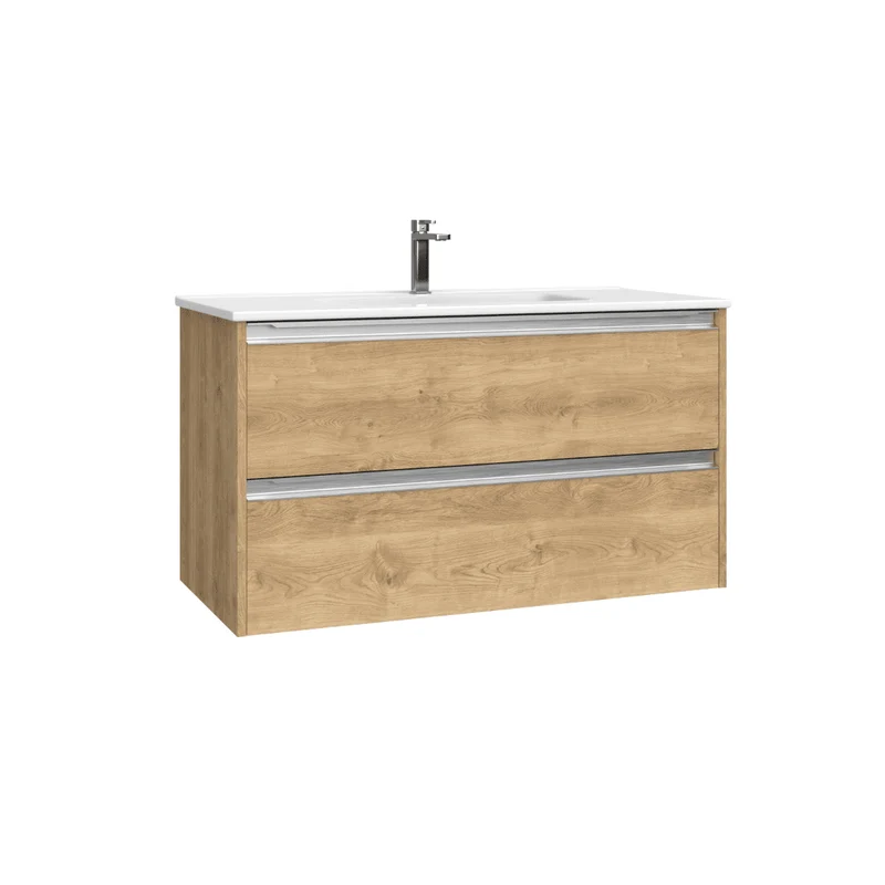 Mueble de Baño Suspendido con Lavabo Cerámico modelo Veloz| Mueble Volado 2 Cajones Con Tirador | Roble Natural