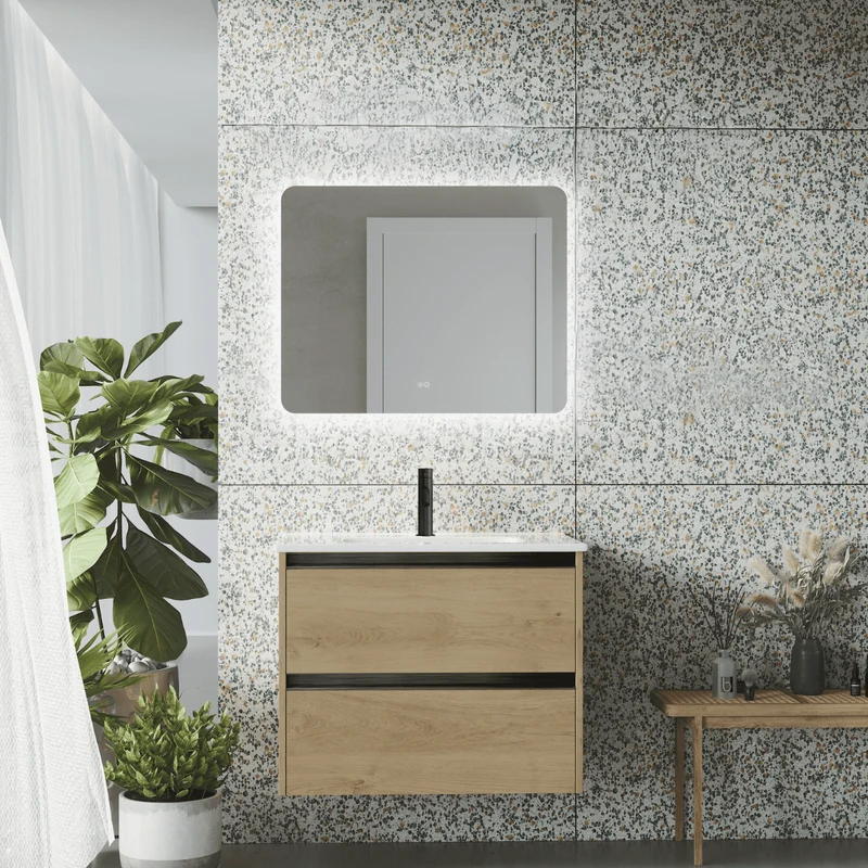 Mueble de Baño Suspendido con Lavabo Cerámico modelo Veloz| Mueble Volado 2 Cajones Con Tirador | Roble Natural