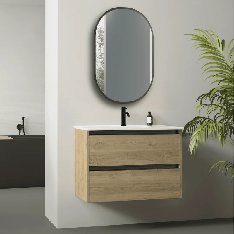 Mueble de Baño Suspendido con Lavabo Cerámico modelo Veloz| Mueble Volado 2 Cajones Con Tirador | Roble Natural