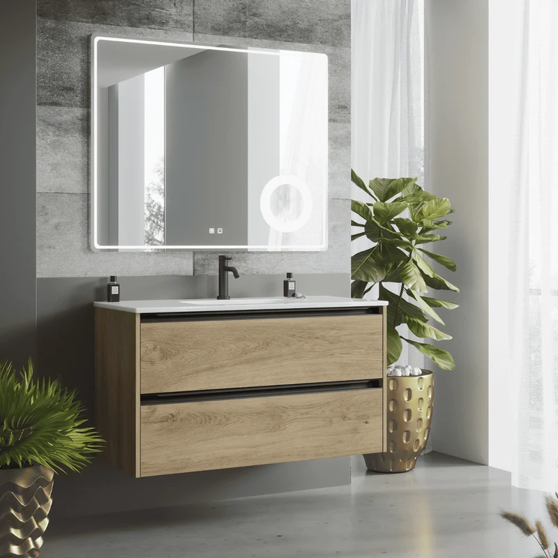 Mueble de Baño Suspendido con Lavabo Cerámico modelo Veloz| Mueble Volado 2 Cajones Con Tirador | Roble Natural