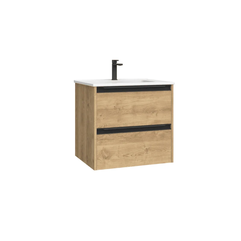 Mueble de Baño Suspendido con Lavabo Cerámico modelo Veloz| Mueble Volado 2 Cajones Con Tirador | Roble Natural