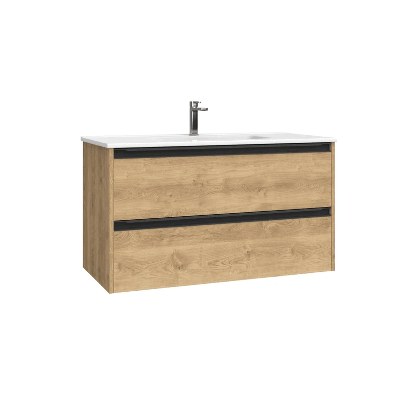 Mueble de Baño Suspendido con Lavabo Cerámico modelo Veloz| Mueble Volado 2 Cajones Con Tirador | Roble Natural