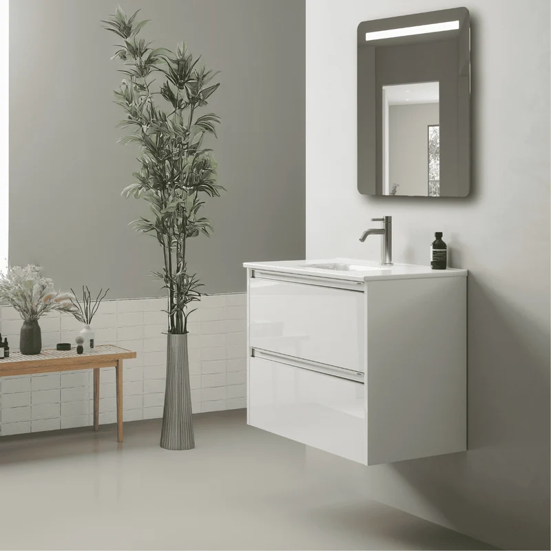 Mueble de Baño Suspendido con Lavabo Cerámico modelo Veloz| Mueble Volado 2 Cajones Con Tirador | Blanco Brillo
