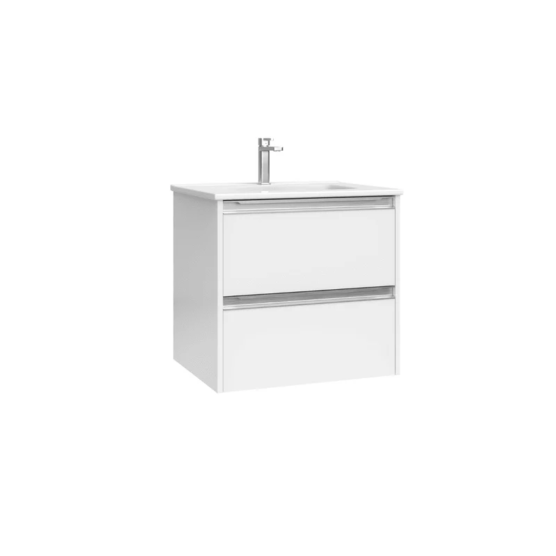 Mueble de Baño Suspendido con Lavabo Cerámico modelo Veloz| Mueble Volado 2 Cajones Con Tirador | Blanco Brillo