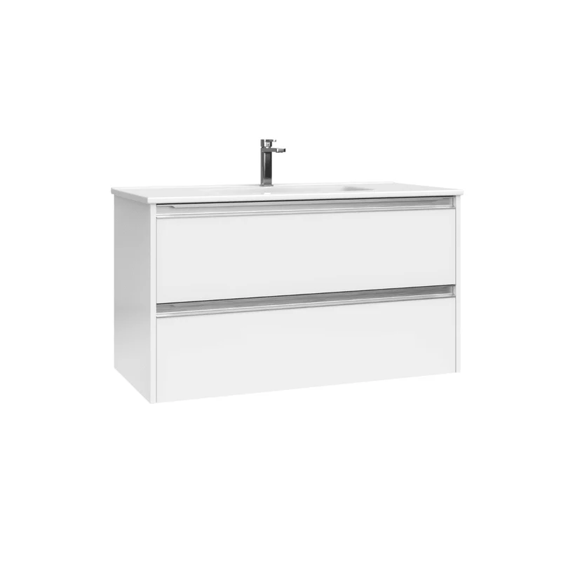 Mueble de Baño Suspendido con Lavabo Cerámico modelo Veloz| Mueble Volado 2 Cajones Con Tirador | Blanco Brillo