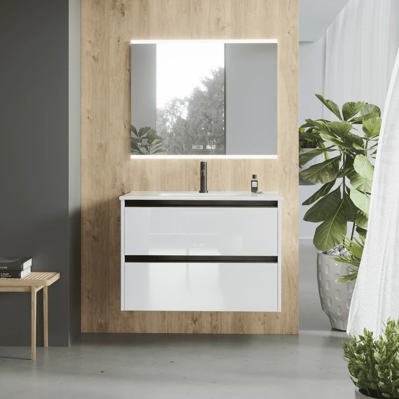 Mueble de Baño Suspendido con Lavabo Cerámico modelo Veloz| Mueble Volado 2 Cajones Con Tirador | Blanco Brillo