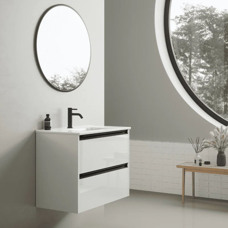 Mueble de Baño Suspendido con Lavabo Cerámico modelo Veloz| Mueble Volado 2 Cajones Con Tirador | Blanco Brillo