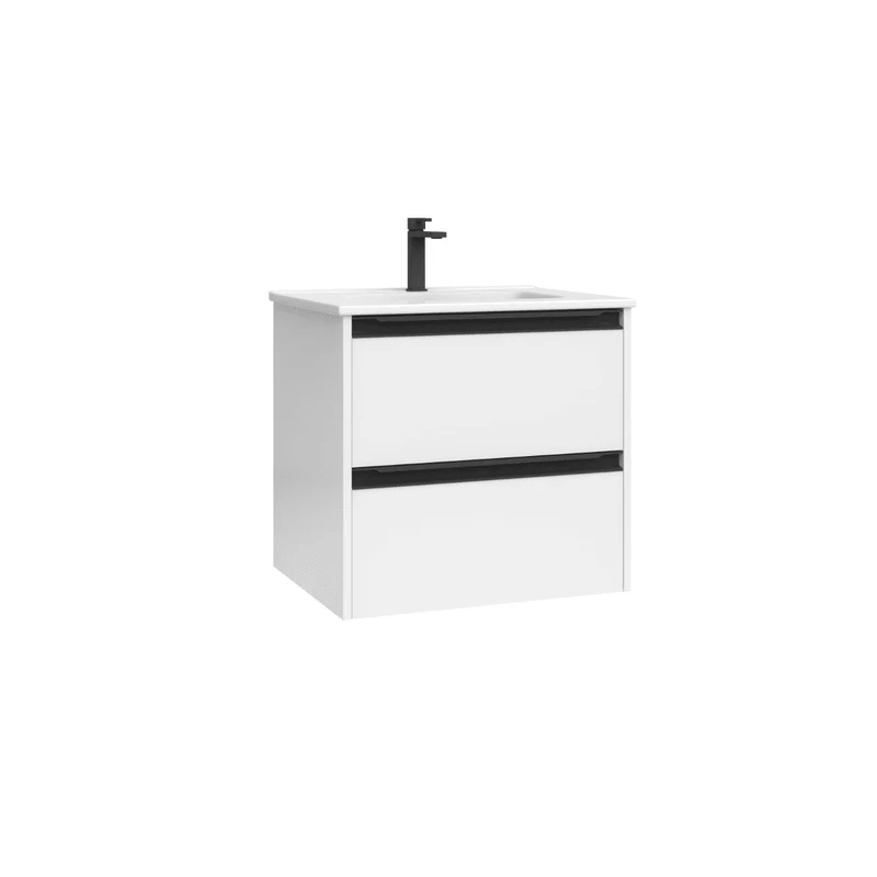 Mueble de Baño Suspendido con Lavabo Cerámico modelo Veloz| Mueble Volado 2 Cajones Con Tirador | Blanco Brillo