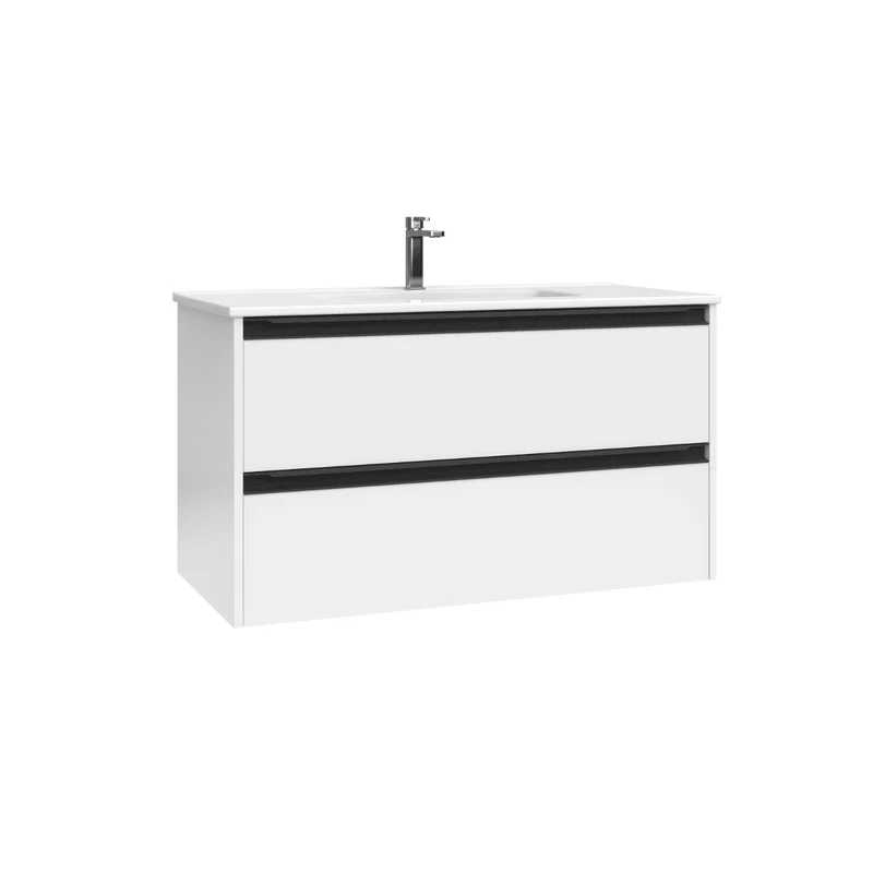 Mueble de Baño Suspendido con Lavabo Cerámico modelo Veloz| Mueble Volado 2 Cajones Con Tirador | Blanco Brillo