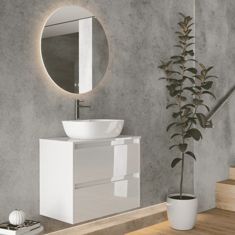 Mueble de Baño Suspendido Fondo Reducido con Lavabo Sobreponer Cerámico para Aseos modelo Veloz| Mueble Volado 2 Cajones | Blanco Brillo